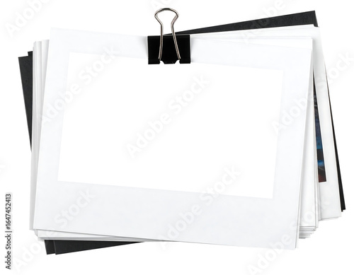 Blank Instant Photo Frames Stacked with Binder Clip, Photo material bound with binder clips for image synthesis, Polaroid photo stacks, PNG, Clipping path. Business Concept.
