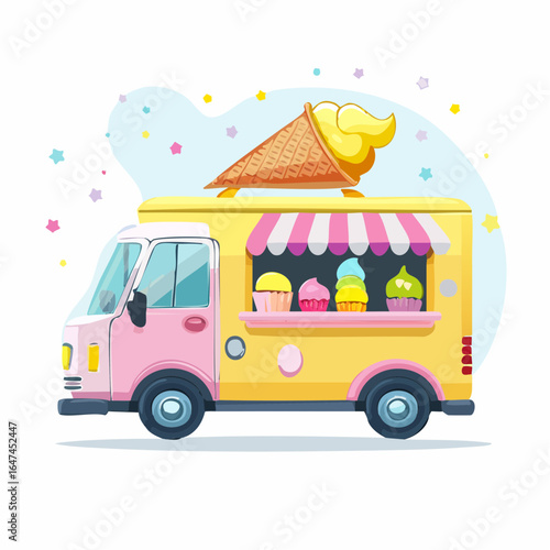 A cute cartoon-style ice cream truck with a cheerful face, serving colorful frozen desserts. Vector graphic of a sweet food van.