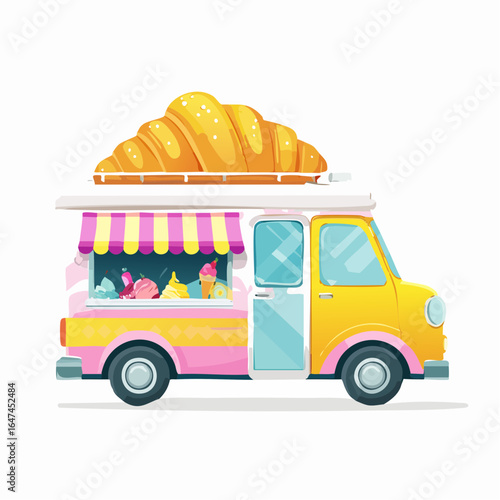 Vector cartoon food truck with a giant croissant on the roof. Cute pink and yellow ice cream van selling sweets and desserts, isolated on white.