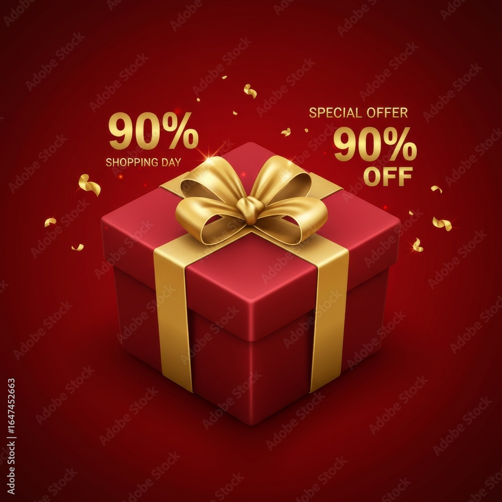 Fototapeta premium Golden ribbon, red box, and a massive 90% discount. Shopping day savings. Ai generate, Ai generative