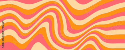1970 Wavy Swirl Seamless Pattern in Orange and Pink Colors. Hand-Drawn Vector Illustration. Seventies Style, Groovy Background, Wallpaper, Print. Flat Design, Hippie Aesthetic.