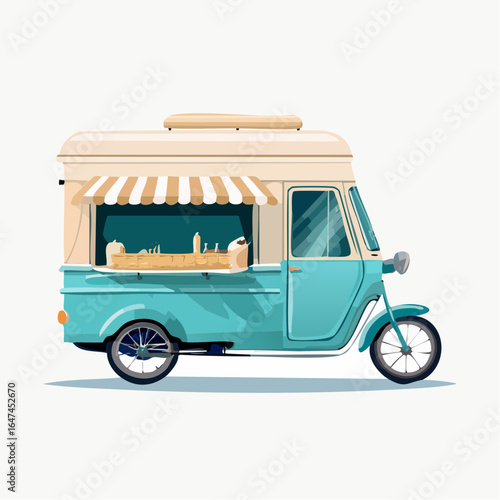 A charming turquoise and cream mini food truck or mobile coffee cart on three wheels, presented in a flat vector illustration style isolated on white.