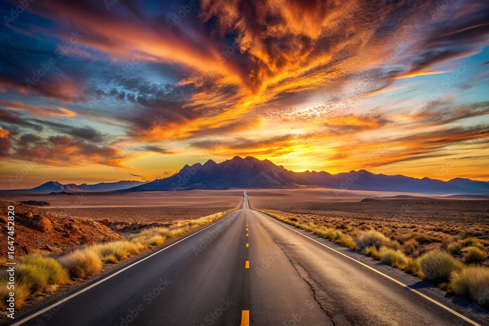 Naklejka premium A long road stretches into the distance under a vibrant sunset sky