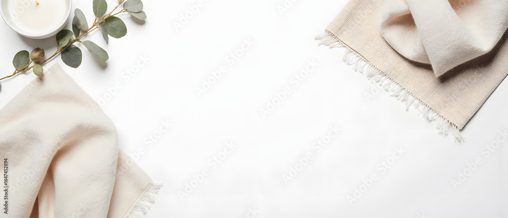 Soft beige textiles and eucalyptus branches on white background Soft beige textiles and eucalyptus branches on white background