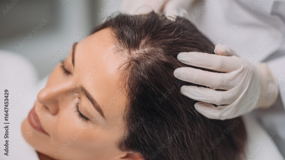 Fototapeta premium A woman enjoys a soothing hair treatment as a professional applies a calming scalp massage in a contemporary spa. The atmosphere is tranquil and serene
