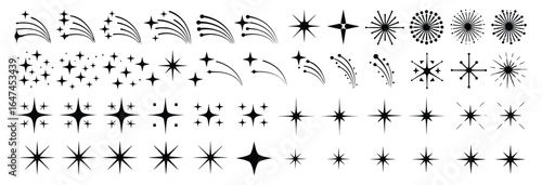 Vector art of collection of star and sparkle illustrations isolated on white background, showcasing various shapes, sizes, and styles for decorative and festive designs, perfect for adding a touch 