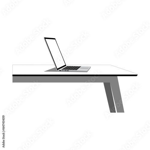 An open laptop on a modern dining table in a minimalist design. Vector. Transparent background. Isolated.