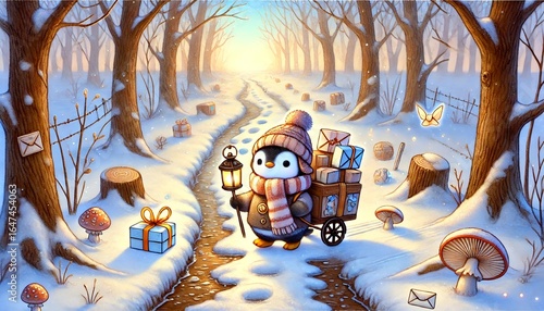 A Whimsical Spring Journey: A Tiny Penguin Mail Carrier Brings Light and Letters Along a Thawing Forest Path