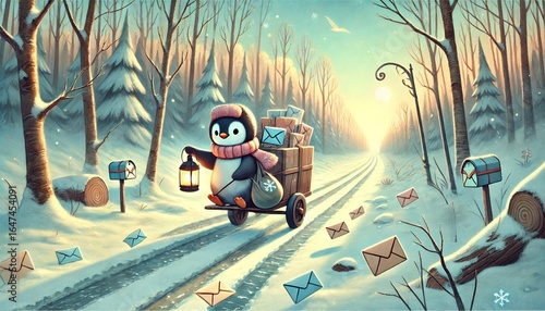 A penguin mail carrier travels along a thawing forest path in early spring, delivering glowing letters and packages under a soft pastel sky, surrounded by melting snow and warm light