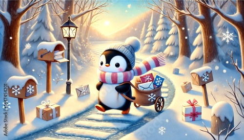 A whimsical illustration of a penguin mail carrier walking along a melting snow path in a quiet forest, surrounded by pastel spring colors and magical glowing parcels
