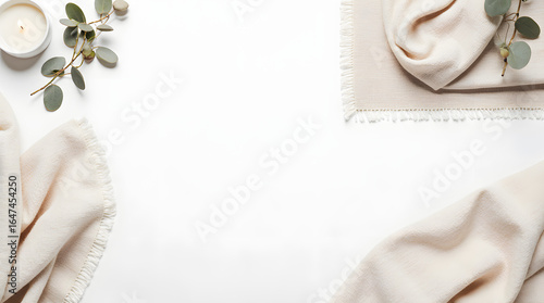 Soft beige textiles and eucalyptus branches on white background