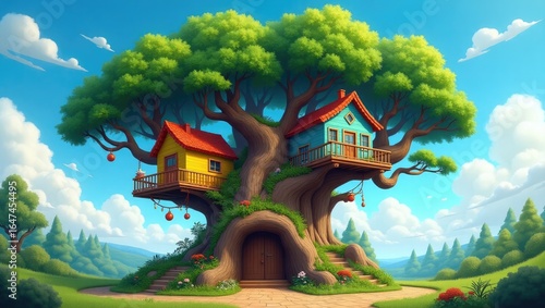 Colorful treehouse nestled in a lush forest.