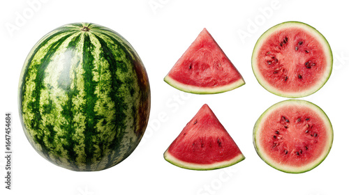 Whole watermelon and slices isolated on transparent background