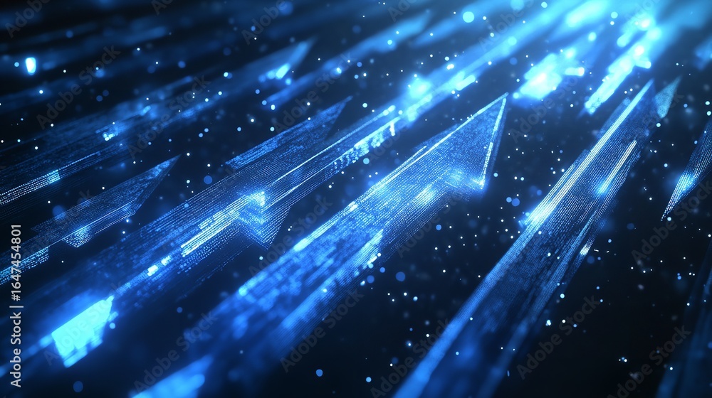 Fototapeta premium Abstract blue arrows pointing upwards with glowing particles on a dark background design graphic