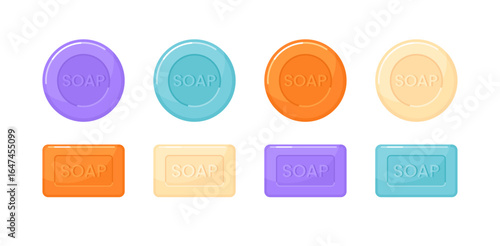 Soap bar pieces for bath, shower and spa. Luxury body and hand solid organic soap with natural ingredients, lavender, mineral and caramel or ginger. Vector cartoon set isolated on white background