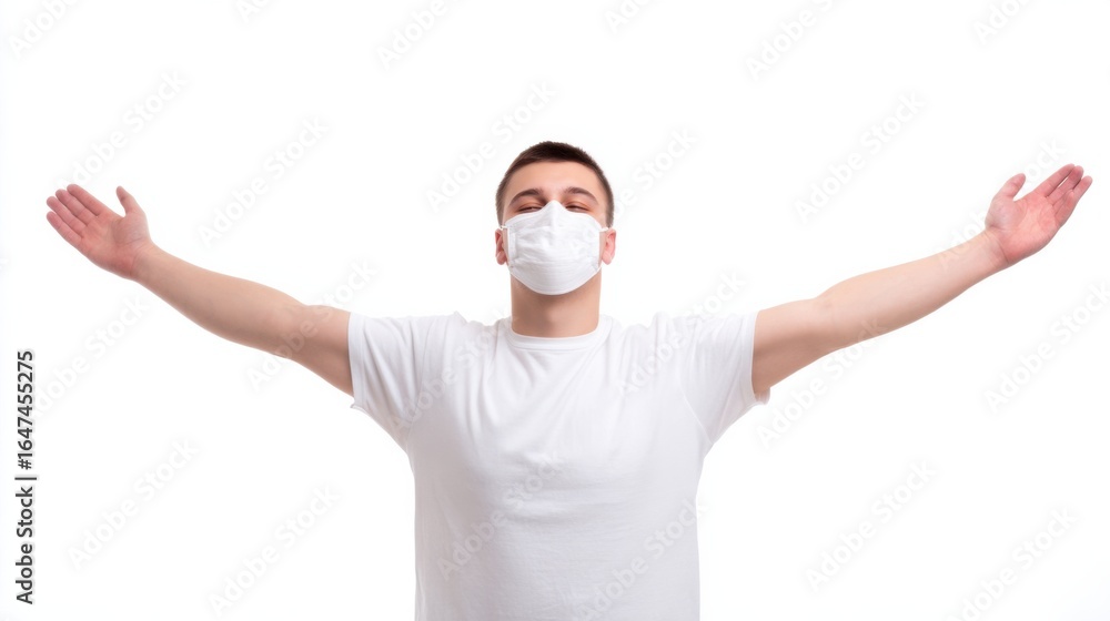 A man wearing a mask stands with arms outstretched, symbolizing resilience and hope during challenging times. A man wearing a mask stands with arms outstretched, symbolizing resilience and hope during challenging times.