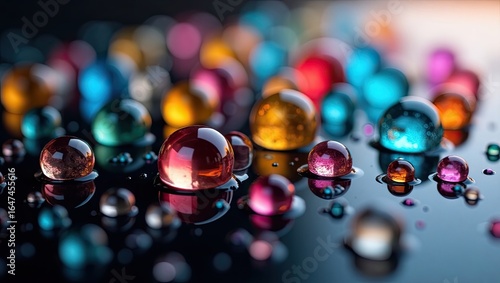 Colorful droplets reflecting light on a dark surface.