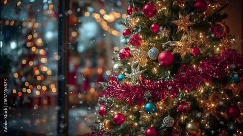 Christmas winter scene with a blurred background featuring a majestic Xmas tree decorated with vibrant garland and twinkling lights, set against a festive holiday backdrop.