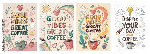 Colorful coffee-themed illustrations featuring positive messages and playful designs.