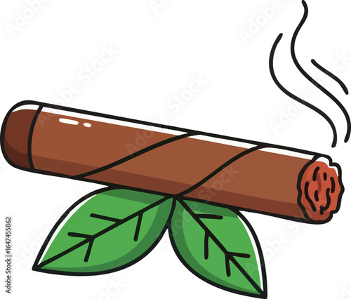 A brown cigar with smoke rising, resting on green tobacco leaves.