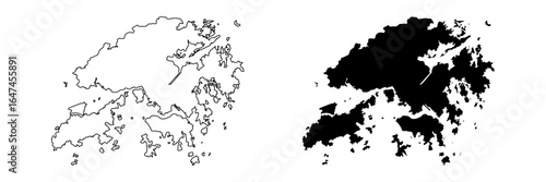 Hong Kong map, Hong Kong country vector map in white background.Hong Kong map background with states.Hong Kong political map.High detailed. Solid simple style.Black and white. Vector editable.	