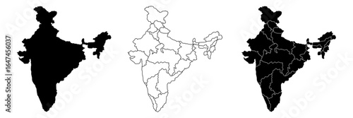 India country vector map in white background.India map background with states.India political map. High detailed. Solid simple style. Black and white. Vector editable.	