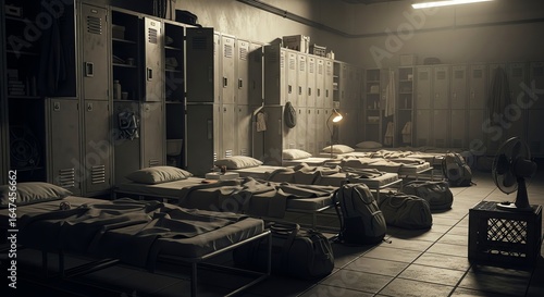 Dormitory Room with Lockers and Beds