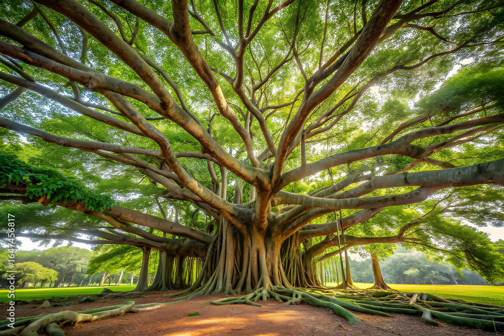 Naklejka premium An immense ancient banyan tree with sprawling branches and aerial roots, creating a majestic natural canopy in a sunlit park