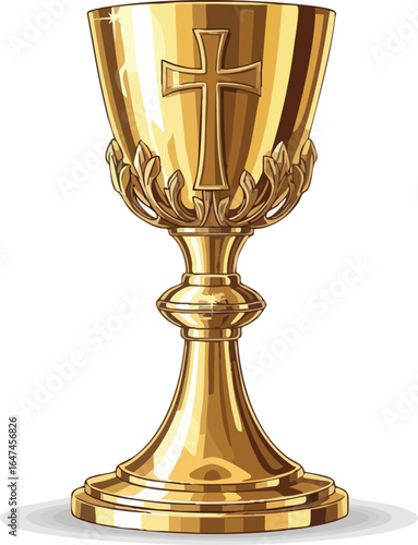 A golden chalice with a cross on its surface, adorned with decorative leaves, casting a subtle shadow on a white background.
