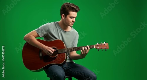 Male musician playing acoustic guitar on green screen, sitting on stool, warm spotlight, generative ai