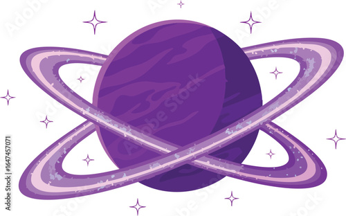 Cartoon illustration of a purple planet with swirling rings in space.