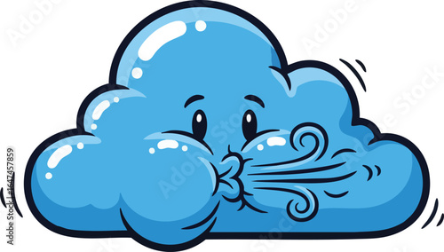 A cartoon cloud with a face blowing wind, showing a weather element.