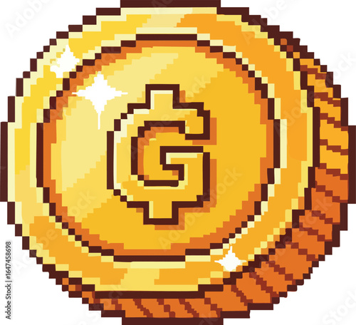 A pixelated golden coin featuring a stylized letter "G" in the center, with highlights.