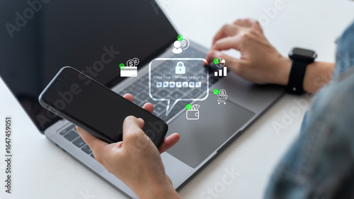 Принти на полотні User entering OTP code on smartphone to verify identity for secure online banking and digital transactions, cybersecurity, and fintech technology concept