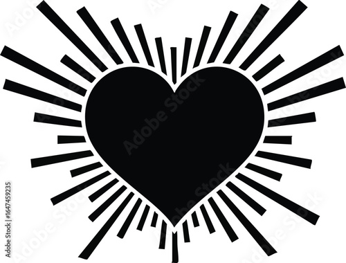 A black heart shape with radiating lines emanating outwards, creating a burst effect on a white background.