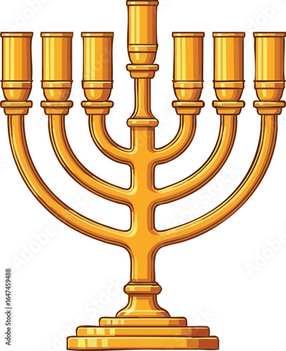 Illustration of a golden menorah with seven candle holders, a Jewish religious symbol, isolated on white.