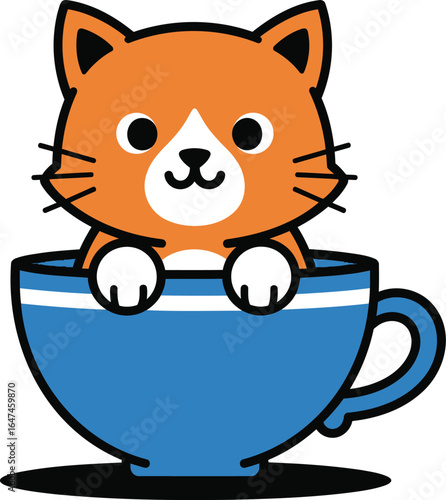 Cute orange cat relaxing in a blue teacup, happy mood