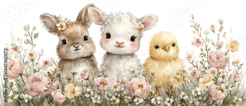 AKWARELOWA ILUSTRACJA: ZAJĄCZEK, JAGNIĘ I KURCZĄTKO W KWIATACH