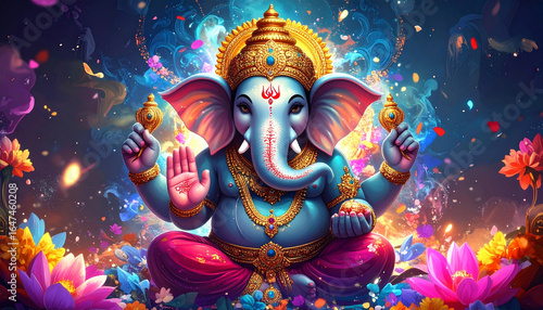Ultra detailed 8K festival style illustration of Hindu Lord Ganesha surrounded by lights, flowers, incense smoke, rich colors, spiritual glowing effects, modern 3D art for vibrant luxury wallpaper