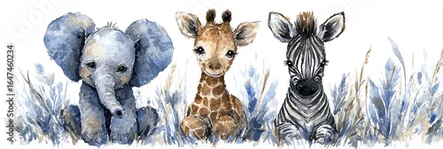 Obraz AKWARELOWE ILUSTRACJE MAŁEGO SŁONIA, ŻYRAFY I ZEBRY