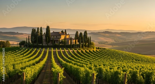 Fototapeta Naklejka Na Ścianę i Meble -  Photo of tuscan vineyard estate with rolling hills and cypress trees at golden hour