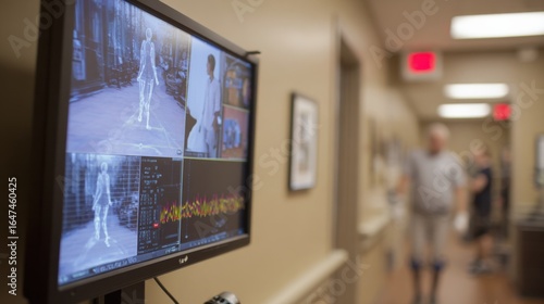 Medium shot capturing a clinician reviewing realtime gait data on a screen patients walking silhouette softly out of focus emphasizing motioncapture rehab for plantar pain relief.