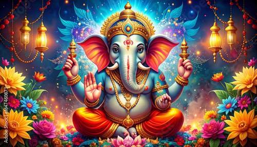 Ultra detailed 8K festival style illustration of Hindu Lord Ganesha surrounded by lights, flowers, incense smoke, rich colors, spiritual glowing effects, modern 3D art for vibrant luxury wallpaper