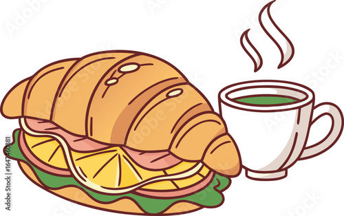 Croissant sandwich with coffee, delicious meal for the morning, vector illustration