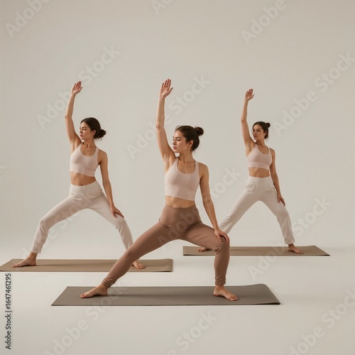 Women’s wellness group, serene mood, gentle yoga and pilates practice for balance, airy neutral studio background 