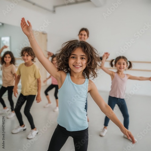 Children’s dance studio group, joyful mood, inclusive kids 4–10 with supportive teacher, bright pastel studio background