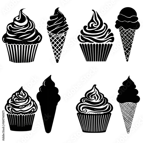 Delicious ice cream and cupcake silhouette set for sweet treats and dessert cravings illustrations