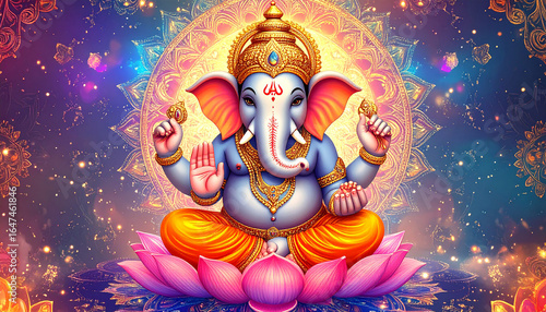 Ultra detailed 8K illustration of colorful Hindu Lord Ganesha sitting on lotus flower, mandala background, golden ornaments, glowing aura, vibrant modern 3D art for luxury wallpaper and poster