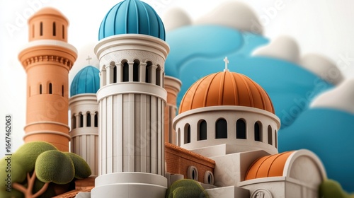 Playful 3D Render of Mediterranean Architecture Orange and Blue Domes, White Towers