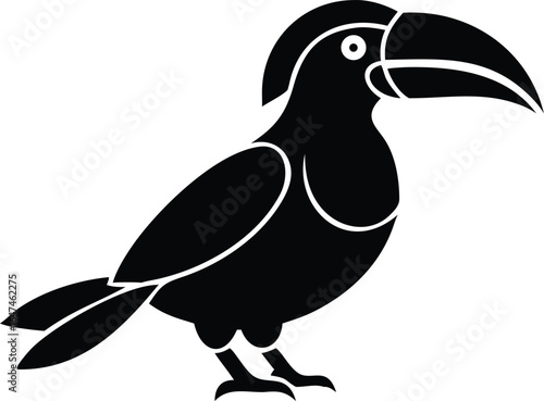 Stylized black silhouette of a toucan bird with a large beak on a white background